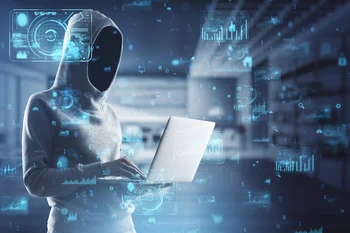 Hacker in hoodie using laptop with abstract creative business charts and binary code on blurry office interior background. System engineering and digital transformation concept. Double exposure