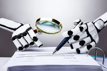 Robot, underwriting and magnifying glass